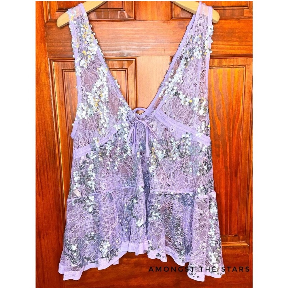 Free People Intimately Purple Lace Silver Sequins Shift Tunic Top
